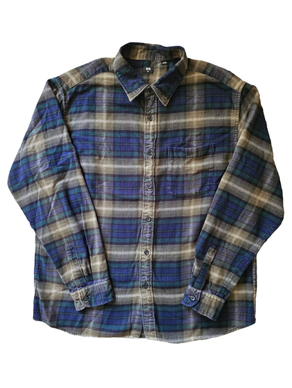 UNIQLO Checked Flannel Dark Green Plaid Cotton Button Shirt Men's XL Runs Small